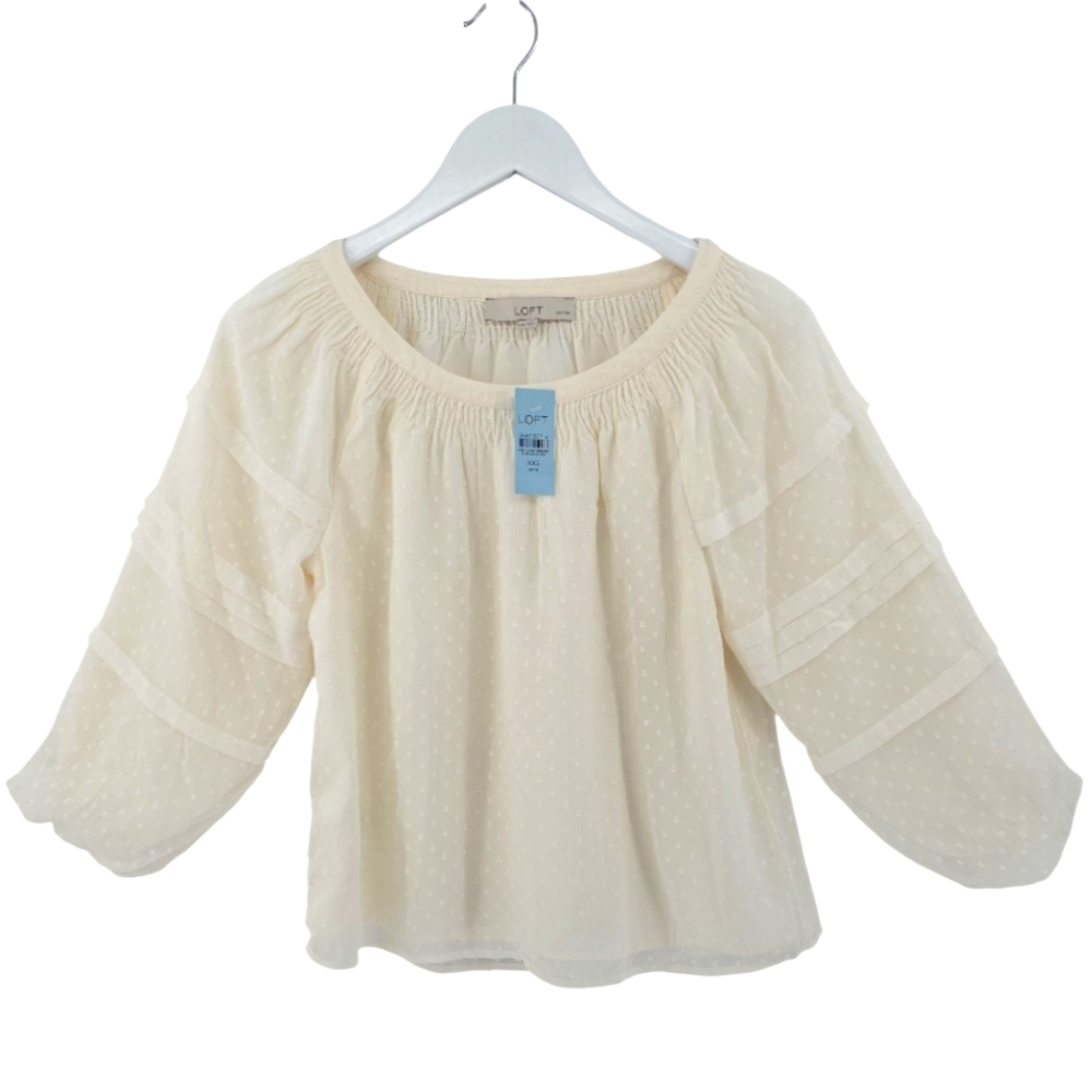 LOFT NWT Petite Swiss Dot Blouse Size XXS Ivory Fully Lined Long Sleeve Flowy